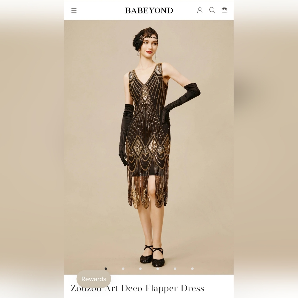 Babeyond ZouZou Art Deco Flapper Dress, Black and Gold, Size 10